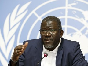 Secretary General of the International Federation of Red Cross and Red Crescent Societies, IFRC, Elhadj As Sy informs to the media about IFRC's response on the mudslides in Sierra Leone during a press conference at the European headquarters of the United Nations in Geneva, Switzerland, Friday, Aug. 18, 2017. (Salvatore Di Nolfi/Keystone via AP)
