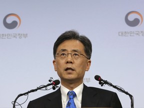South Korean Trade Minister Kim Hyung-chong speaks during a press conference at the Foreign Ministry in Seoul, South Korea, Tuesday, Aug. 22, 2017. Kim said on Tuesday Seoul will not discuss renegotiation of the free trade agreement with the U.S. without first looking into what is really causing the trade imbalance. (AP Photo/Ahn Young-joon)