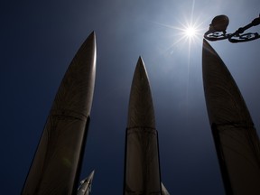 Mock MIM-23 Hawk surface-to-air missiles stand on display at the War Memorial of Korea museum in Seoul, South Korea, on Friday, Aug. 11, 2017