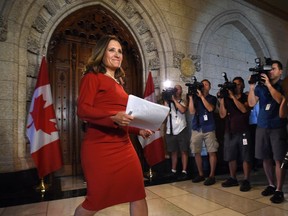 Foreign Affairs Minister Chrystia Freeland arrives to hold a press conference on Parliament Hill in Ottawa on Monday, Aug. 14, 2017. THE CANADIAN PRESS/Sean Kilpatrick