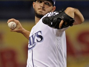 Tampa Bay Rays starter Jake Faria pitches against the Cleveland Indians during the first inning of a baseball game Friday, Aug. 11, 2017, in St. Petersburg, Fla. (AP Photo/Steve Nesius)
