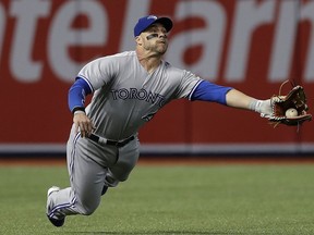 Toronto Blue Jays left fielder Steve Pearce makes a diving catch on a fly out by Tampa Bay Rays' Logan Morrison during the first inning of a baseball game Tuesday, Aug. 22, 2017, in St. Petersburg, Fla. (AP Photo/Chris O'Meara)