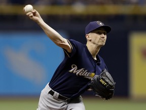 Milwaukee Brewers' Zach Davies pitches to the Tampa Bay Rays during the first inning of a baseball game Saturday, Aug. 5, 2017, in St. Petersburg, Fla. (AP Photo/Chris O'Meara)