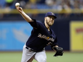 Milwaukee Brewers' Jimmy Nelson pitches to the Tampa Bay Rays during the first inning of an interleague baseball game, Sunday, Aug. 6, 2017, in St. Petersburg, Fla. (AP Photo/Chris O'Meara)