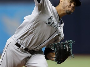 Seattle Mariners starting pitcher Yovani Gallardo delivers to the Tampa Bay Rays during the first inning of a baseball game, Sunday, Aug. 20, 2017, in St. Petersburg, Fla. (AP Photo/Chris O'Meara)