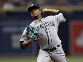 Seattle Mariners' Ariel Miranda pitches to the Tampa Bay Rays during the first inning of a baseball game Saturday, Aug. 19, 2017, in St. Petersburg, Fla. (AP Photo/Chris O'Meara)