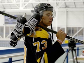 Boston Bruins rookie defenceman Charlie McAvoy walks to the ice during the NHL Rookie Showcase at Toronto's Mattamy Athletic Centre on Aug. 28.