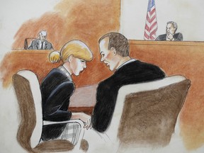 In this courtroom sketch, pop singer Taylor Swift appears with her lawyer in federal court Tuesday, Aug. 8, 2017, in Denver. Swift alleges that radio host David Mueller touched her during a concert meet-and-greet in 2013. The case went to court after Mueller sued Swift, claiming her false accusation cost him his job. He is seeking at least $3 million in damages. Swift countersued, claiming sexual assault.