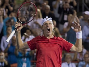 Denis Shapovalov of Canada celebrates after beating Adrian Mannarino of France during quarter-final play at the Rogers Cup tennis tournament on Friday in Montreal.