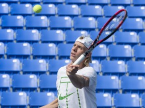 Denis Shapovalov returns the ball during a training session as he prepares for the upcoming U.S. Open, Thursday, August 17, 2017 in Montreal.