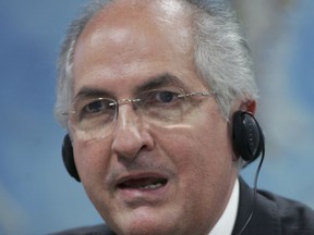 FILE - In this Oct. 27, 2009, file photo, Caracas Mayor Antonio Ledezma addresses the Commission of External Relationships in Brazil's Senate in Brasilia two days before the commission votes on the entrance of Venezuela into the Mercosur trade block. Two of Venezuela's leading opposition figures, Leopoldo Lopez and Ledezma, were taken from their homes in the middle of the night by state security agents on Tuesday, Aug. 1, 2017 in President Nicolas Maduro's first moves against his enemies since a widely denounced vote giving his government nearly unlimited powers. Allies of former Caracas Mayor Ledezma posted video online of a man who appeared to be the opposition leader being taken by state security as a woman screams for help for neighbors. (AP Photo/Eraldo Peres, File)