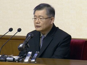 FILE - In this file image made from July 30, 2015, video, Canadian Hyeon Soo Lim speaks in Pyongyang, North Korea. Canadian Prime Minister Justin Trudeau's office confirmed a delegation is in North Korea to discuss the Canadian pastor imprisoned there and North Korean media said Trudeau's national security adviser, Daniel Jean, had arrived in Pyongyang on Tuesday, Aug. 8, 2017. (AP Photo)