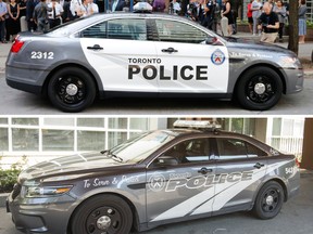 The new design for Toronto Police cars, above, and the controversial design, below.