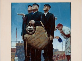 This undated photo provided by Heritage Auctions shows a rendering by Norman Rockwell of one of his best known paintings. The rendering has sold at auction for $1.6 million. Heritage Auctions says the painting sold Sunday, Aug. 20, 2017, in Dallas to a buyer who wants to remain anonymous. The work was a study _ a preliminary work _ for Rockwell's "Tough Call." The painting features three umpires looking skyward pondering whether to call a game because of rain. The family that put it up for auction had thought they just had a print. (Heritage Auctions via AP)