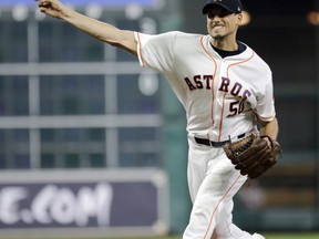 Houston Astros starting pitcher Charlie Morton throws against the Washington Nationals during the first inning of a baseball game Tuesday, Aug. 22, 2017, in Houston. (AP Photo/David J. Phillip)