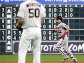 Washington Nationals' Matt Wieters (32) runs the bases after hitting a two-run home run off Houston Astros starting pitcher Charlie Morton (50) during the fourth inning of a baseball game Tuesday, Aug. 22, 2017, in Houston. (AP Photo/David J. Phillip)