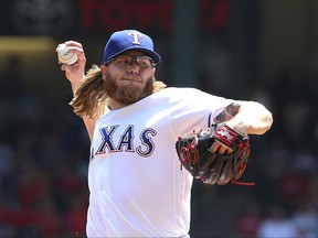 Texas Rangers starting pitcher A.J. Griffin (64) delivers a pitch in the first inning against the Chicago White Sox at Globe Life Park, Sunday, Aug. 20, 2017, in Arlington, Texas. (AP Photo/ Richard W. Rodriguez)