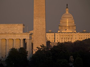 The U.S. Capitol building, from right, Washington Monument and Lincoln Memorial stand in Washington, D.C.