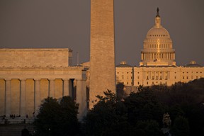 The U.S. Capitol building, from right, Washington Monument and Lincoln Memorial stand in Washington, D.C.