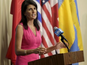 United States Ambassador to the United Nations Nikki Haley speaks to reporters at U.N. headquarters, Friday, Aug. 25, 2017. (AP Photo/Seth Wenig)