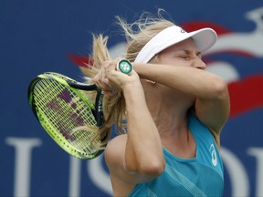 Daria Gavrilova, of Australia, returns a shot from Shelby Rogers, of the United States, during the second round of the U.S. Open tennis tournament, Thursday, Aug. 31, 2017, in New York. (AP Photo/Adam Hunger)