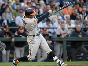 Baltimore Orioles' Jonathan Schoop homers against the Seattle Mariners in the first inning of a baseball game Tuesday, Aug. 15, 2017, in Seattle. (AP Photo/Elaine Thompson)