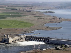 FILE - In this 2013 file photo, the Ice Harbor Dam on the Snake River is seen from the air near Pasco, Wash. A group that represents farmers says saving imperiled salmon in the largest river system in the Northwest U.S. is too costly and is turning to the Trump administration. The Columbia-Snake River Irrigators Association wants the government to convene a Cabinet-level committee known as the "God Squad" due to its authority to allow exemptions to the Endangered Species Act.  (Bob Brawday /The Tri-City Herald via AP, File)