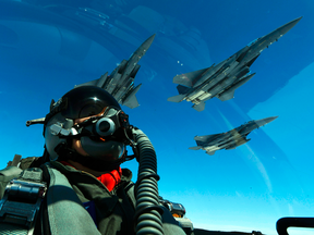 U.S. B-1B Lancers join up with South Korean F-15s during a 10-hour mission from Andersen Air Force Base, Guam, into Japanese airspace and over the Korean Peninsula in July 2017.