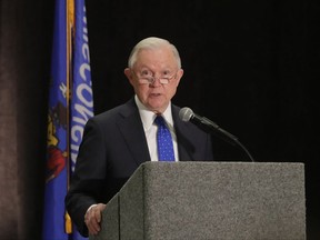 Attorney General Jeff Sessions speaks at the annual conference of the National Alliance for Drug Endangered Children at the KI Convention Center on Tuesday, Aug. 29, 2017 in Green Bay, Wis.   (Adam Wesley/The Post-Crescent via AP)
