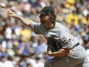 Pittsburgh Pirates starting pitcher Gerrit Cole throws during the first inning of a baseball game against the Milwaukee Brewers Wednesday, Aug. 16, 2017, in Milwaukee. (AP Photo/Morry Gash)