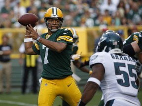 Green Bay Packers quarterback Brett Hundley throws during the first half of a preseason NFL football game against the Philadelphia Eagles Thursday, Aug. 10, 2017, in Green Bay, Wis. (AP Photo/Mike Roemer)