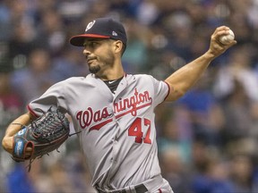 Washington Nationals' Gio Gonzalez pitches to a Milwaukee Brewers batter during the first inning of a baseball game Thursday, Aug. 31, 2017, in Milwaukee. (AP Photo/Tom Lynn)