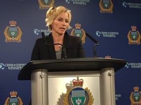 Signy Arnason, Associate Executive Director of the Canadian Centre for Child Protection speaks on the issues of child sexual assault and pornography at a press conference at police headquarters on Monday morning, Aug. 28, 2017.