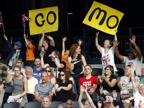 Fans of Britain's Mo Farah in the stands during the World Athletics Championships in London Friday, Aug. 4, 2017. (AP Photo/Matthias Schrader)
