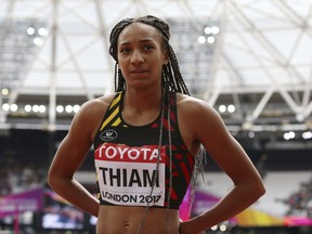 Belgium's Nafissatou Thiam looks on between attempts in the high jump of the heptathlon during the World Athletics Championships in London Saturday, Aug. 5, 2017. (AP Photo/Leonore Schick)