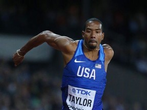 United States' Christian Taylor makes an attempt in the men's triple jump final during the World Athletics Championships in London Thursday, Aug. 10, 2017. (AP Photo/Matt Dunham)