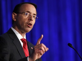 FILE - In this June 20, 2017 file photo, Deputy Attorney General Rod Rosenstein speaks in Bethesda, Md. The Justice Department is reviving work to develop federal standards for what federal forensic experts can say in court and plans to create a program to monitor the accuracy of forensic testimony. (AP Photo/Jacquelyn Martin, File)