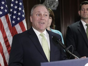 FILE - In this June 13, 2017 file photo, House Majority Whip Steve Scalise of La. speaks during a news conference at Republican National Committee Headquarters on Capitol Hill in Washington. Scalise, shot at a baseball practice in mid-June is telling colleagues that his return will be based on his doctors' advice and a date has not yet been determined. (AP Photo/J. Scott Applewhite, File)