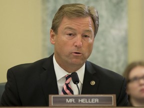 FILE - In this April 2, 2014, file photo, Sen. Dean Heller, R-Nev. speaks on Capitol Hill in Washington. Heller will face a challenge in the 2018 GOP primary by a conservative who is aligning himself with President Donald Trump. The bid by Danny Tarkanian, a 55-year-old Las Vegas businessman, makes good on conservatives' threats to challenge incumbents who they blame for hurting the years-long quest to dismantle the Obama-era health care law.  (AP Photo/Pablo Martinez Monsivais, File)