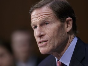 FILE - In this April 3, 2017 file photo, Sen. Richard Blumenthal, D-Conn. speaks on Capitol Hill in Washington. President Donald Trump on Monday, Aug. 7, 2017, lashed out at Blumenthal, calling him a "phony Vietnam con artist" after the lawmaker expressed concerns about the Justice Department's pursuit of leakers and embraced a special counsel's probe of Russia meddling in the election and possible collusion with Trump campaign officials. (AP Photo/J. Scott Applewhite, File)