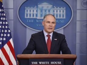 FILE - In this June 2, 2017 file photo, EPA Administrator Scott Pruitt speaks in the Brady Press Briefing Room of the White House in Washington. The inspector general at the EPA has opened an inquiry into Pruitt's frequent taxpayer-funded travel to his home in Oklahoma. (AP Photo/Pablo Martinez Monsivais, File)