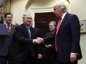 In this Feb. 16, 2017, file photo, President Donald Trump shakes hands with Senate Majority Leader Mitch McConnell of Ky., during a ceremony in the Roosevelt Room of the White House in Washington.