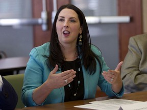 FILE - In this May 5, 2017, file photo, Republican National Committee Chairwoman Ronna Romney McDaniel addresses Hispanic business owners and community members at the Lansing Regional Chamber of Commerce in Lansing, Mich. Republican senators are bucking President Donald Trump's calls to revive the health care debate. And Trump just ousted his only top White House aide with deep links to the Republican Party. Trump's fundraising prowess is the engine of the Republican National Committee and a lifeline for every Republican planning to rely on the party for financial help during next year's congressional races. "The president is somebody who absolutely is an asset when it comes to fundraising," Ronna Romney McDaniel said. (AP Photo/Christopher Hermann, File)