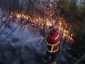 A firefighter works to fight a wildfire on a slope outside the town of Ferreira do Zezere, near Vila de Rei, central Portugal, Monday, Aug. 14 2017. Portuguese officials say 112 people have been evacuated from their homes in the central town of Vila de Rei as more than 3,700 firefighters continue to battle dozens of wildfires across the country. (AP Photo/Armando Franca)