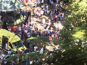 An ambulance attends the scene after a tree fell on a large crowd gathered as part of a traditional religious festival in the outskirts of Funchal, the capital of Madeira island, Portugal. Portuguese media has reported that several people have died crushed by the falling tree. (Catarina Nunes/Diario de Noticias da Madeira, via AP)