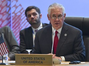 U.S. State Secretary Rex Tillerson gestures before the 10th Lower Mekong Initiative Ministerial Meeting, part of the Association of Southeast Asian Nations (ASEAN) Regional Forum in Manila, Philippines, Sunday Aug. 6, 2017. (Mohd Rasfan/Pool Photo via AP)