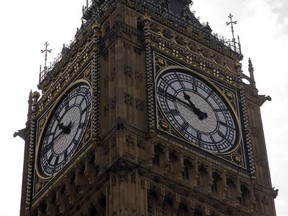 A general view of the Queen Elizabeth Tower, which hold the bell known as 'Big Ben" in London, Monday, Aug. 14, 2017. Big Ben will fall silent next week in London as a major restoration project gets underway. The bongs of the iconic bell will be stopped on Aug. 21 to protect workers during a four-year, 29-million-pound ($38 million) conservation project that includes repair of the Queen Elizabeth Tower, which houses Big Ben and its clock. (AP Photo/Alastair Grant)