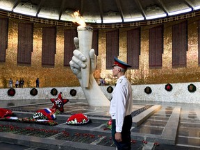 The inside view of the Battle of Stalingrad memorial in Volgograd, formerly Stalingrad, about 900 kilometers (550 miles) southeast of Moscow, Russia, Wednesday, Aug. 23, 2017. Nazi shells and Soviet soldiers' bodies are all part of the job for Sergei Kamin, who oversees construction of a 2018 World Cup stadium in Volgograd _ formerly known as Stalingrad. The regional governor hopes Germany could be drawn to play in the city during the World Cup as a symbol of peace. (AP Photo/James Ellingworth)