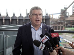International Olympic Committee President Thomas Bach speaks during an interview at the headquarters of the Beijing 2022 Winter Olympics Organizing Committee in Beijing, Saturday, Aug. 26, 2017. Bach said Saturday he sees "no reason for any immediate concern" about tensions on the Korean Peninsula affecting next year's Winter Olympics in Pyeongchang, South Korea. (AP Photo/Christopher Bodeen)