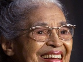 FILE -- In a June 15, 1999 file photo Rosa Parks smiles during a Capitol Hill ceremony where Parks was honored with the Congressional Gold Medal in Washington. Civil rights icon Parks' house has been standing in the German capital Berlin for less than a year, but now the artist who saved it from destruction in Detroit says it's time for it to return to the U.S. (AP Photo/Khue Bui, file)